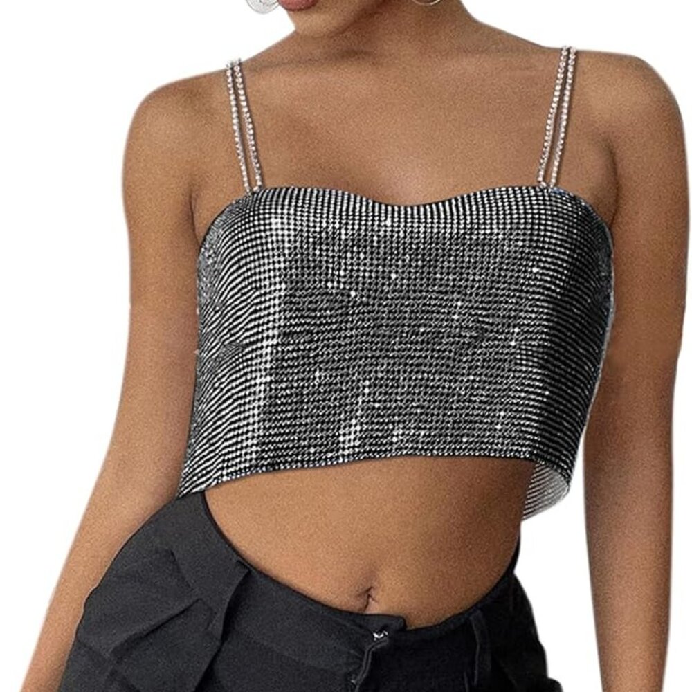 Rhinestone Tank Top Sparkly Backless Crop Top